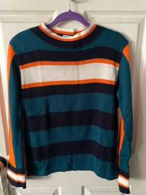 Teal & Navy Striped Crewneck Sweater with Orange Accents